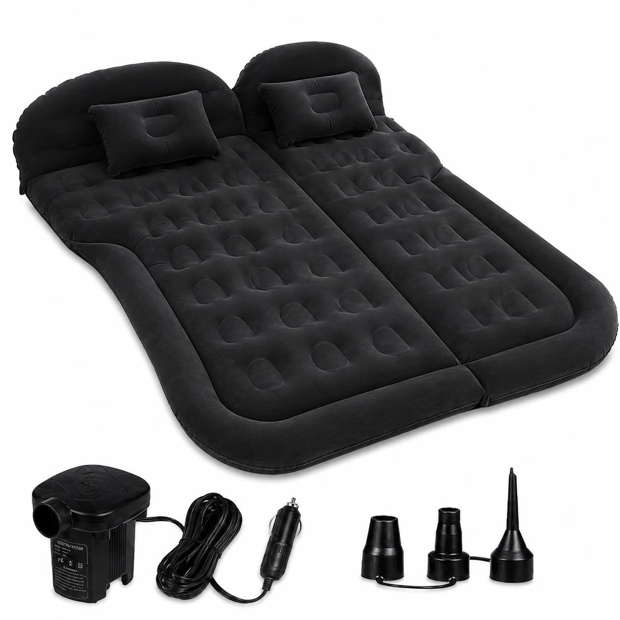 Black inflatable car mattress with two matching pillows, an electric air pump, a power cord, and three nozzle adapters, isolated on a white background.