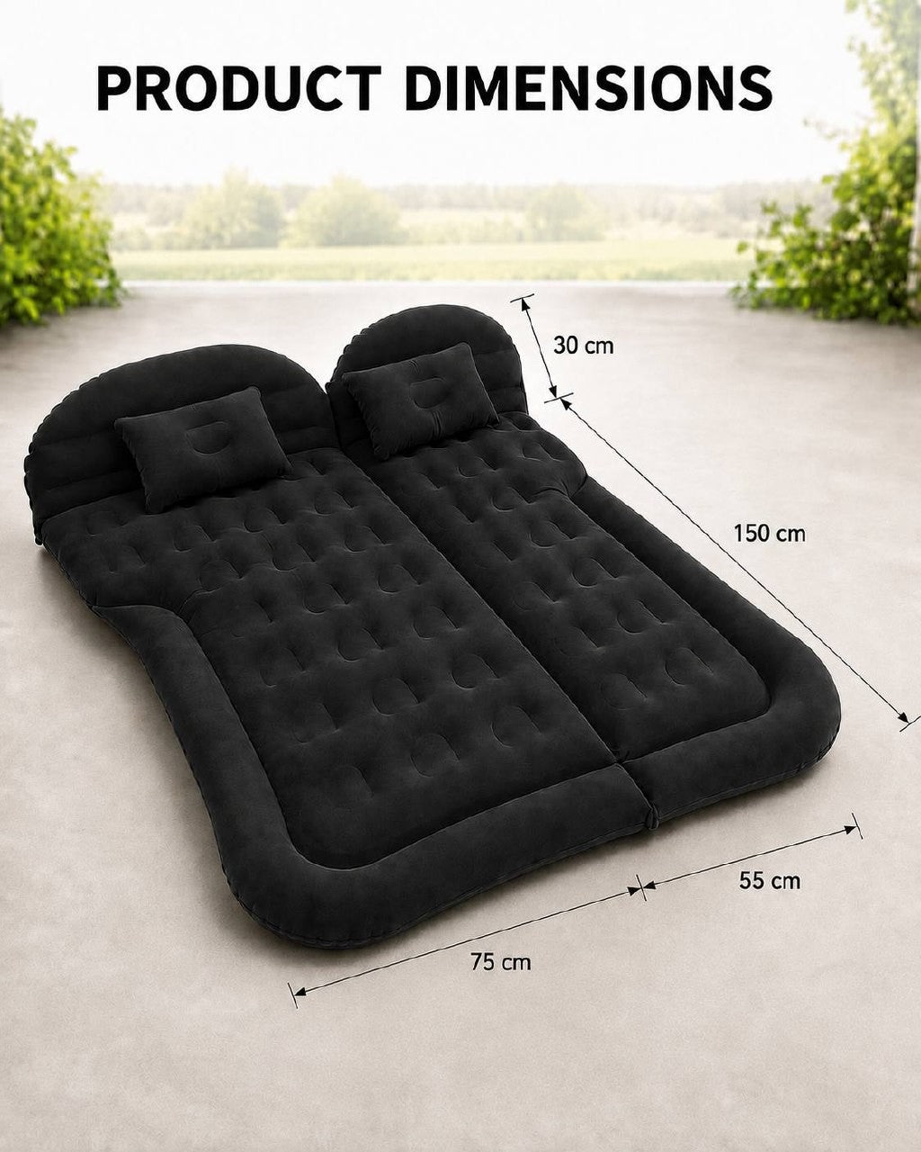 Infographic showing the product dimensions of a black inflatable car mattress, including a headrest height of 30 cm, main body length of 150 cm, and section widths of 55 cm and 75 cm.