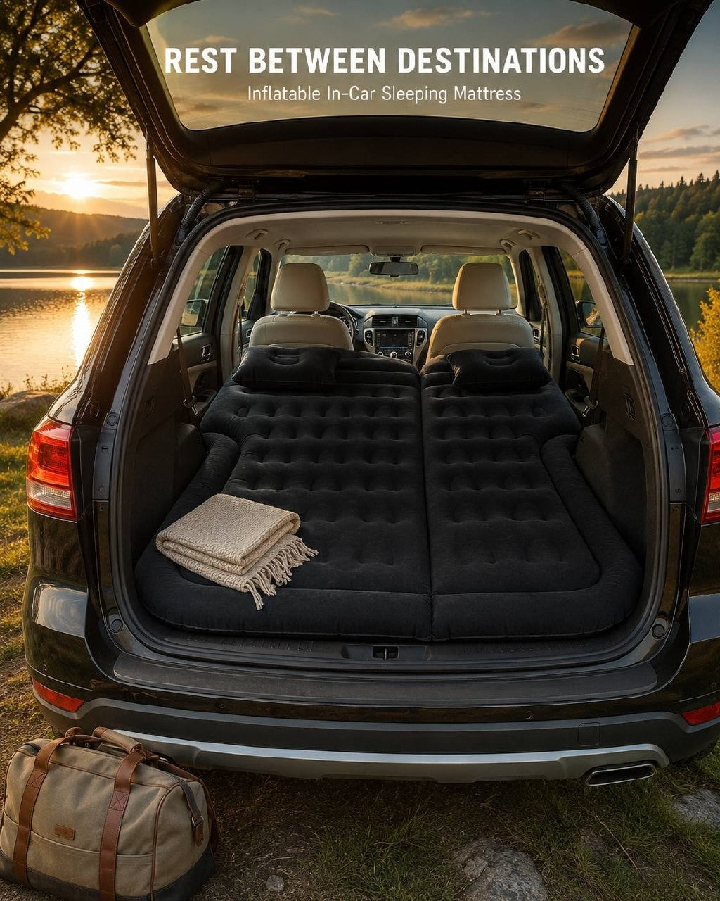 Inflatable in-car sleeping mattress installed in a car trunk with a scenic view of a lake and sunset in the background.