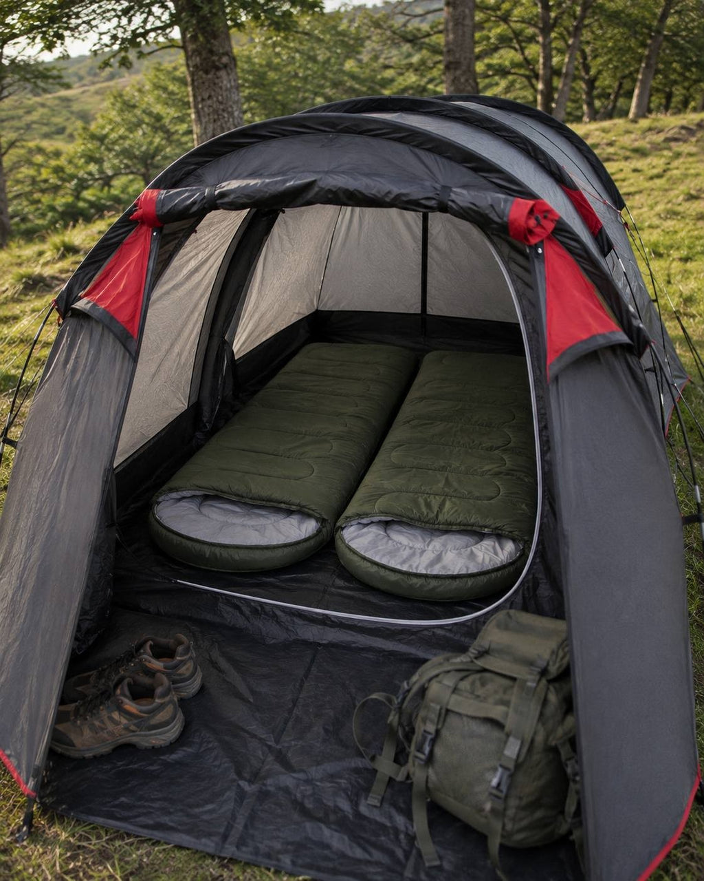 Interior view looking inside a grey and red 2-person tunnel tent set up on grass, showing two green individual sleeping bags laid out side by side on the floor, with hiking boots and a backpack in the vestibule.