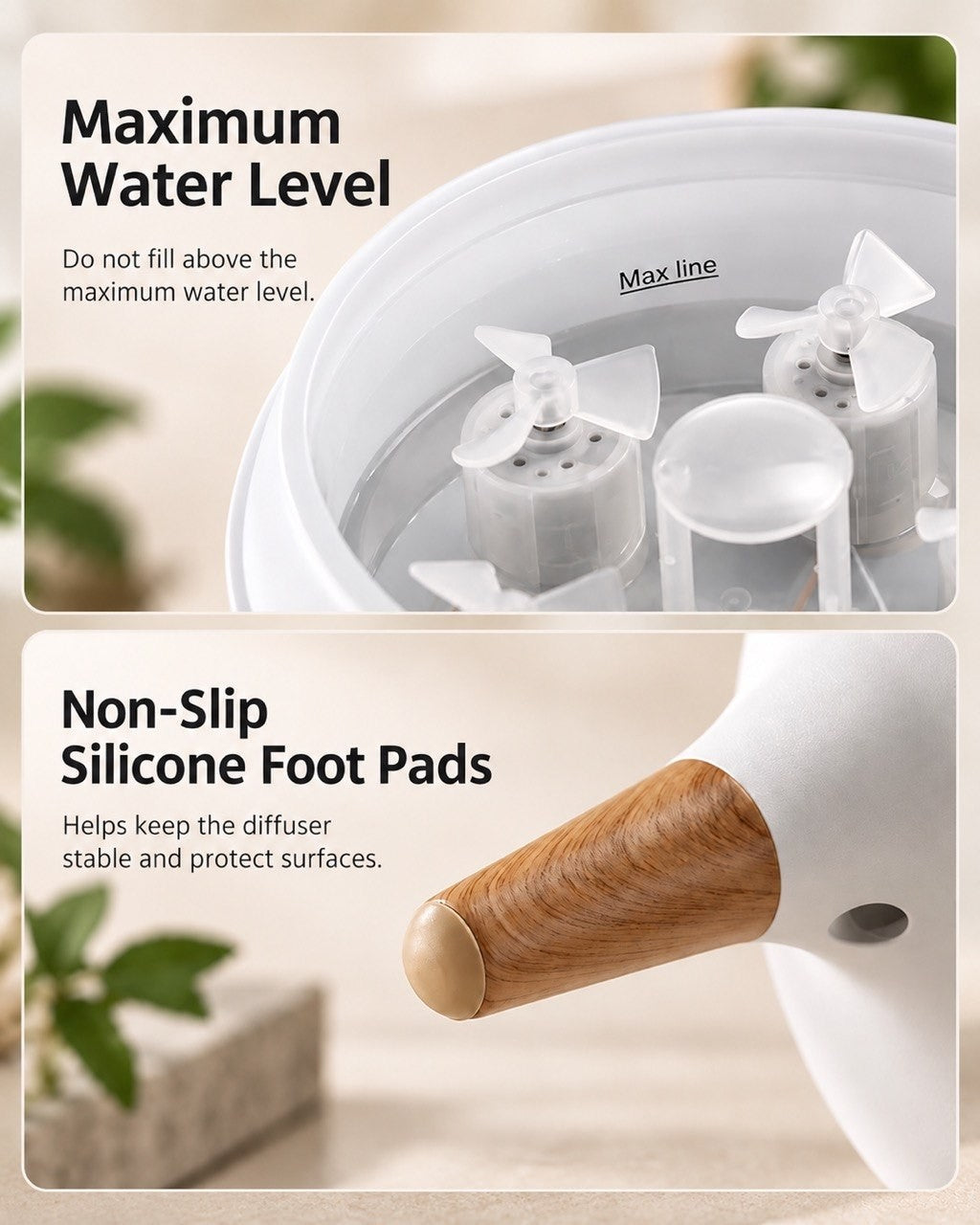 Feature graphic highlighting the internal maximum water level fill line and non-slip silicone foot pads protecting surfaces