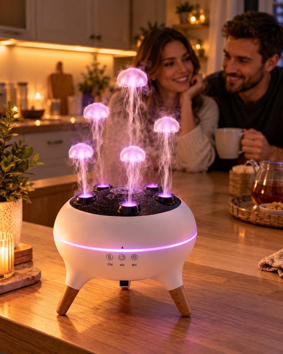 Lifestyle image of the music-sync aroma diffuser working on a wooden table, emitting illuminated pink jellyfish-like ring mist from its five nozzles, with a smiling couple relaxing in a warm kitchen background.