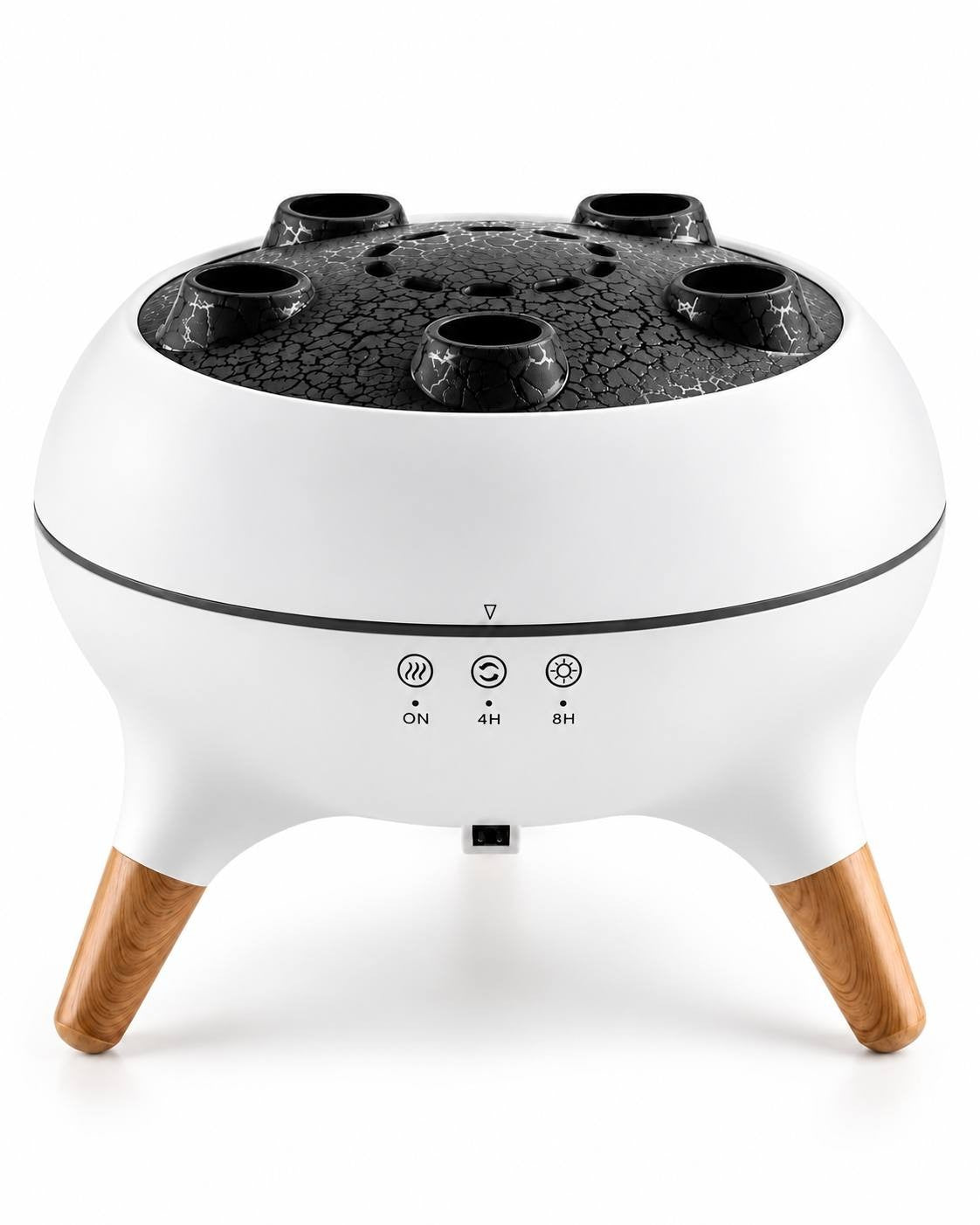 Studio product shot of a white ultrasonic aroma humidifier featuring a black cracked-texture top panel with multiple nozzles, wooden-style legs, and touch control buttons for ON, 4H, and 8H timer.