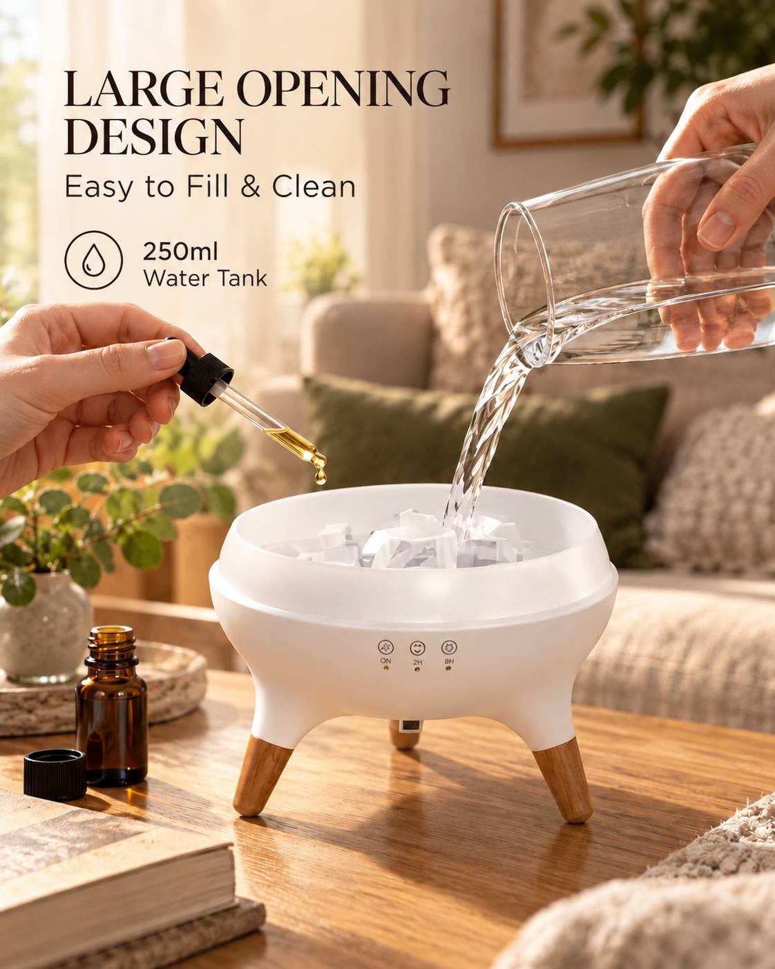 Promotional image for a white aromatherapy diffuser with wooden-style legs, featuring a large opening design for easy filling and cleaning, a 250ml water tank, and space for adding essential oils