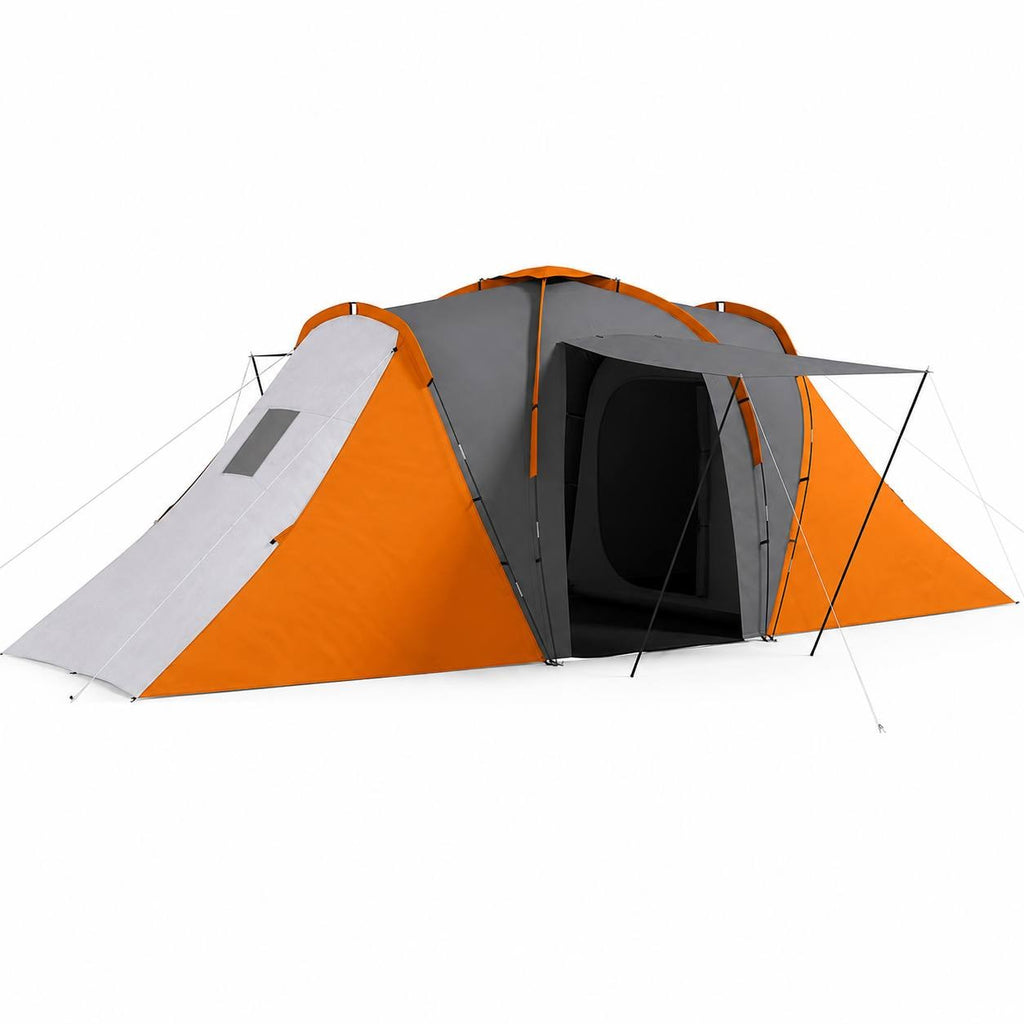 Large multi-room camping tent in orange, grey, and white colors with an extended front canopy, standing isolated on a white background.