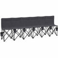6-seater black folding outdoor bench with multiple seats, backrests, and built-in cup holders, isolated on a white background.
