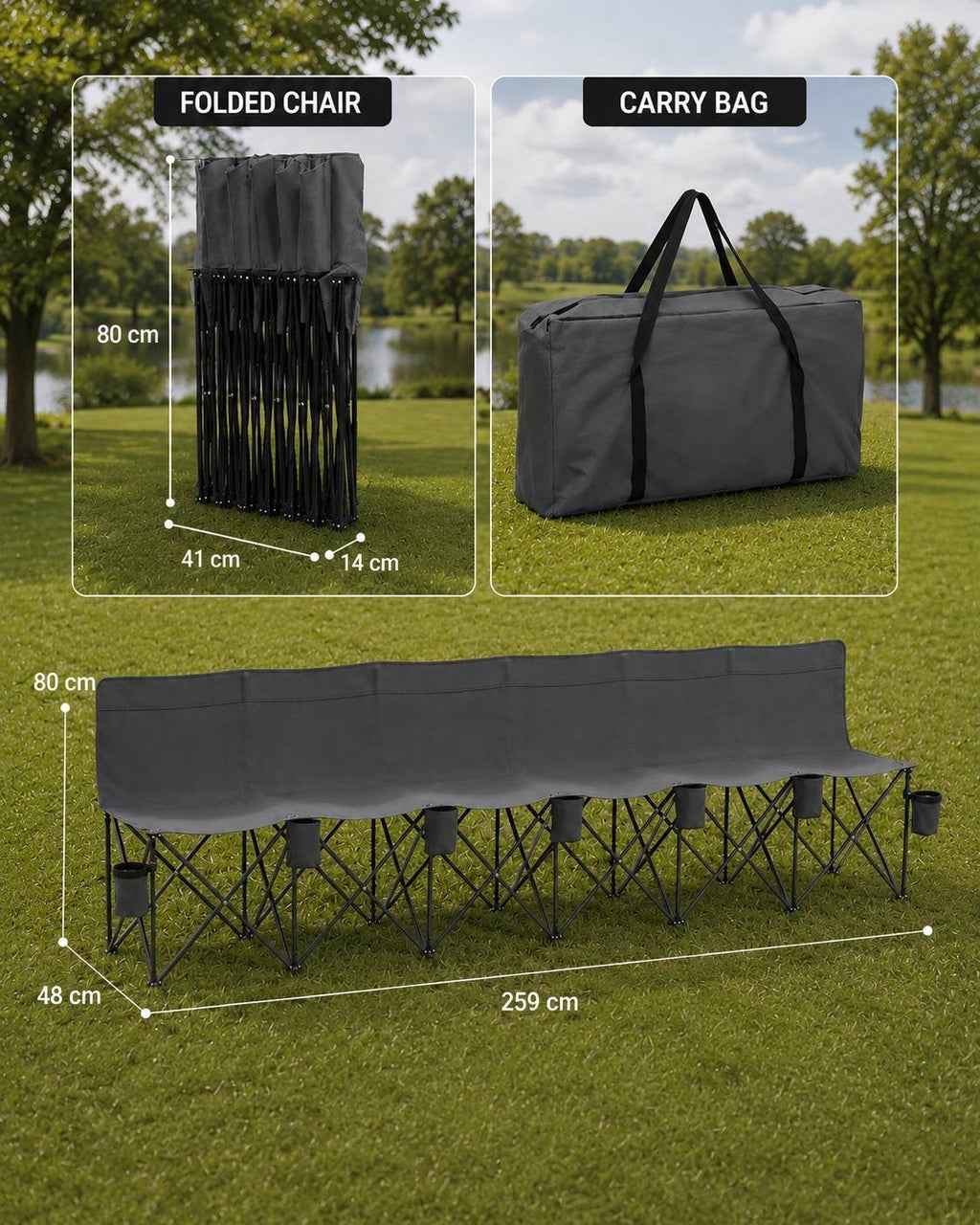 Infographic showing dimensions of a long folding outdoor bench, including total length of 259 cm, height of 80 cm, seat depth of 48 cm, folded size of 41x14x80 cm, and the carry bag.