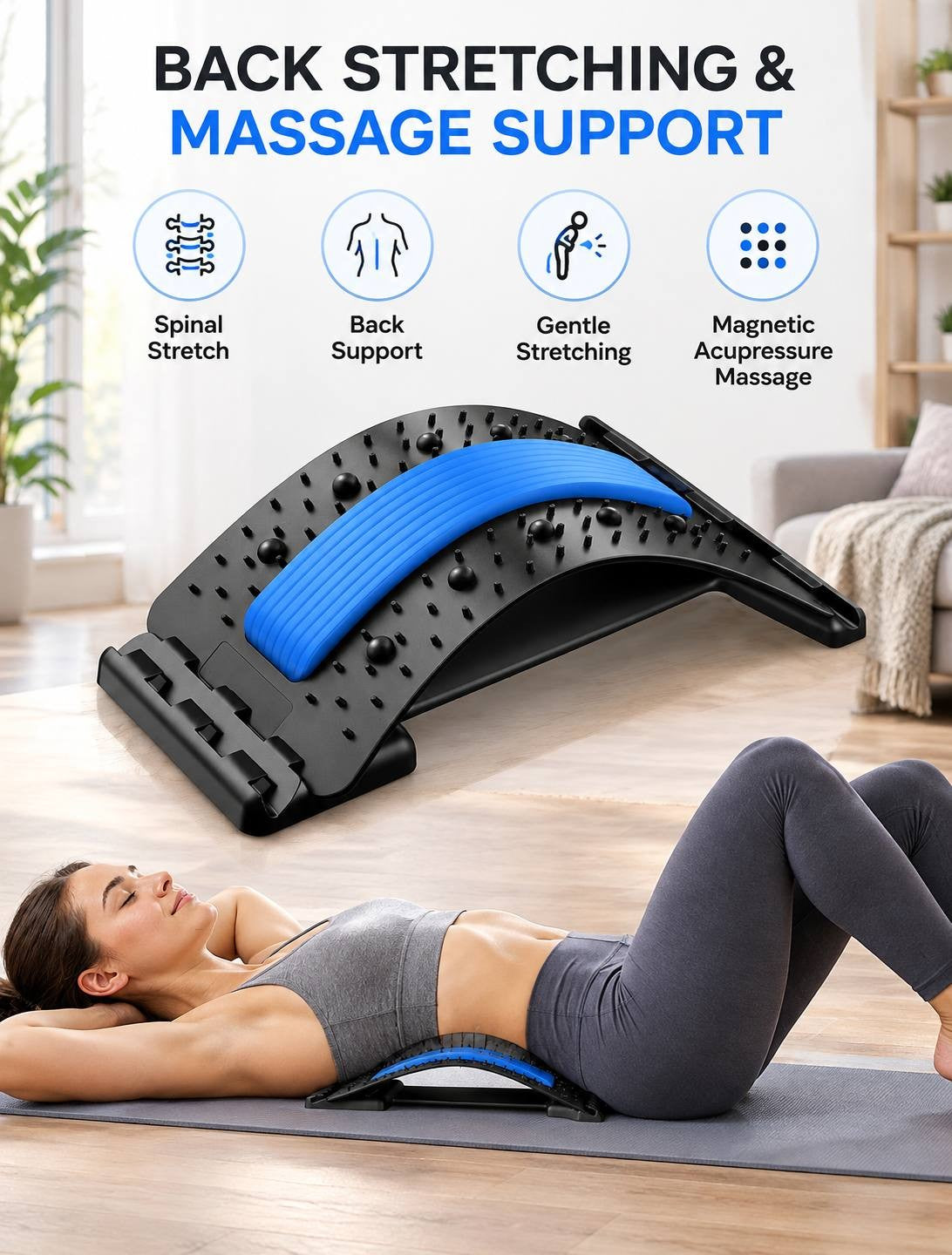 Infographic diagram of a back stretcher highlighting spinal stretch, lumbar support, gentle traction, and magnetic acupressure massage nodes.