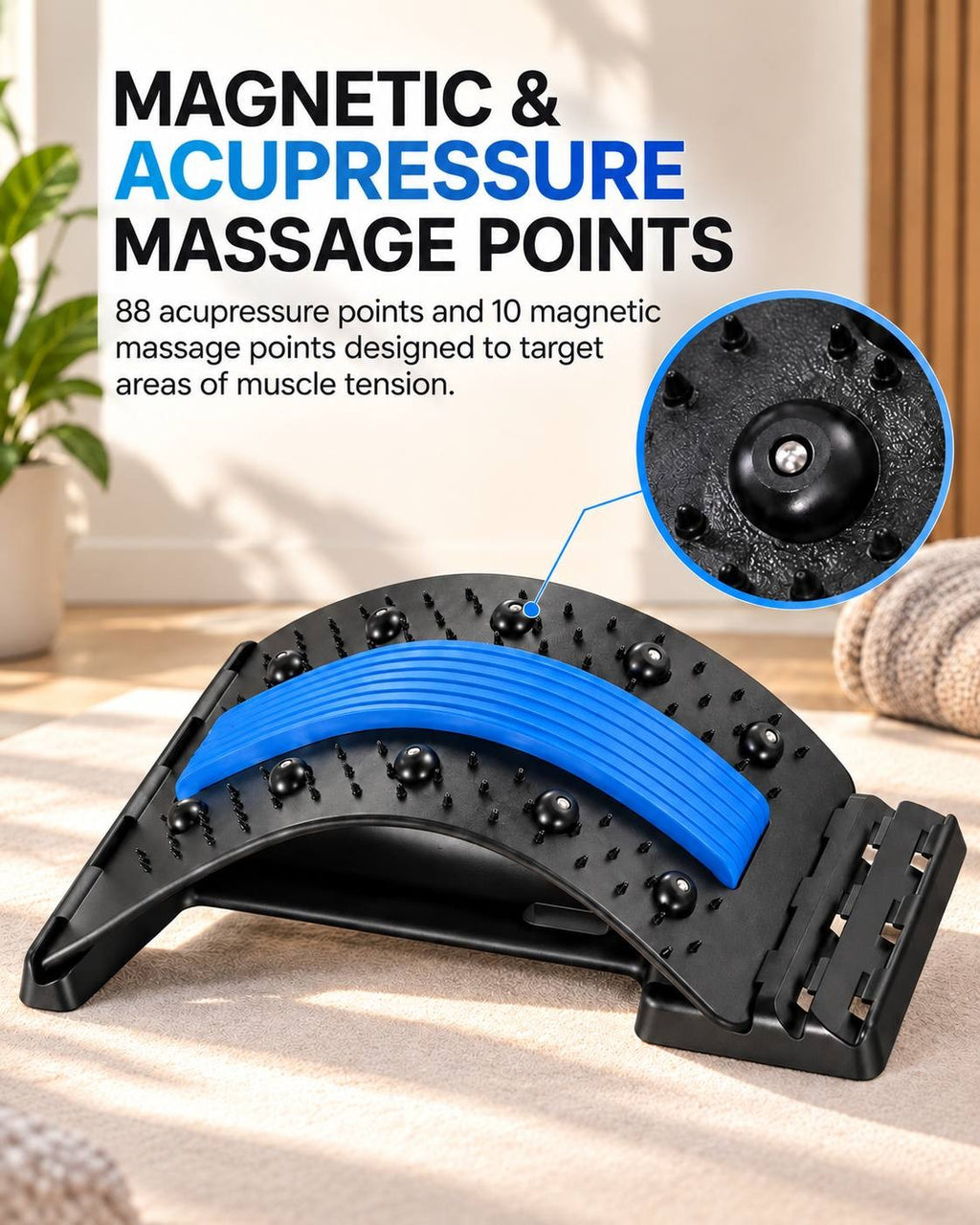 Close-up product infographic displaying 88 acupressure nodes and 10 magnetic massage points designed to relieve lumbar muscle tension.