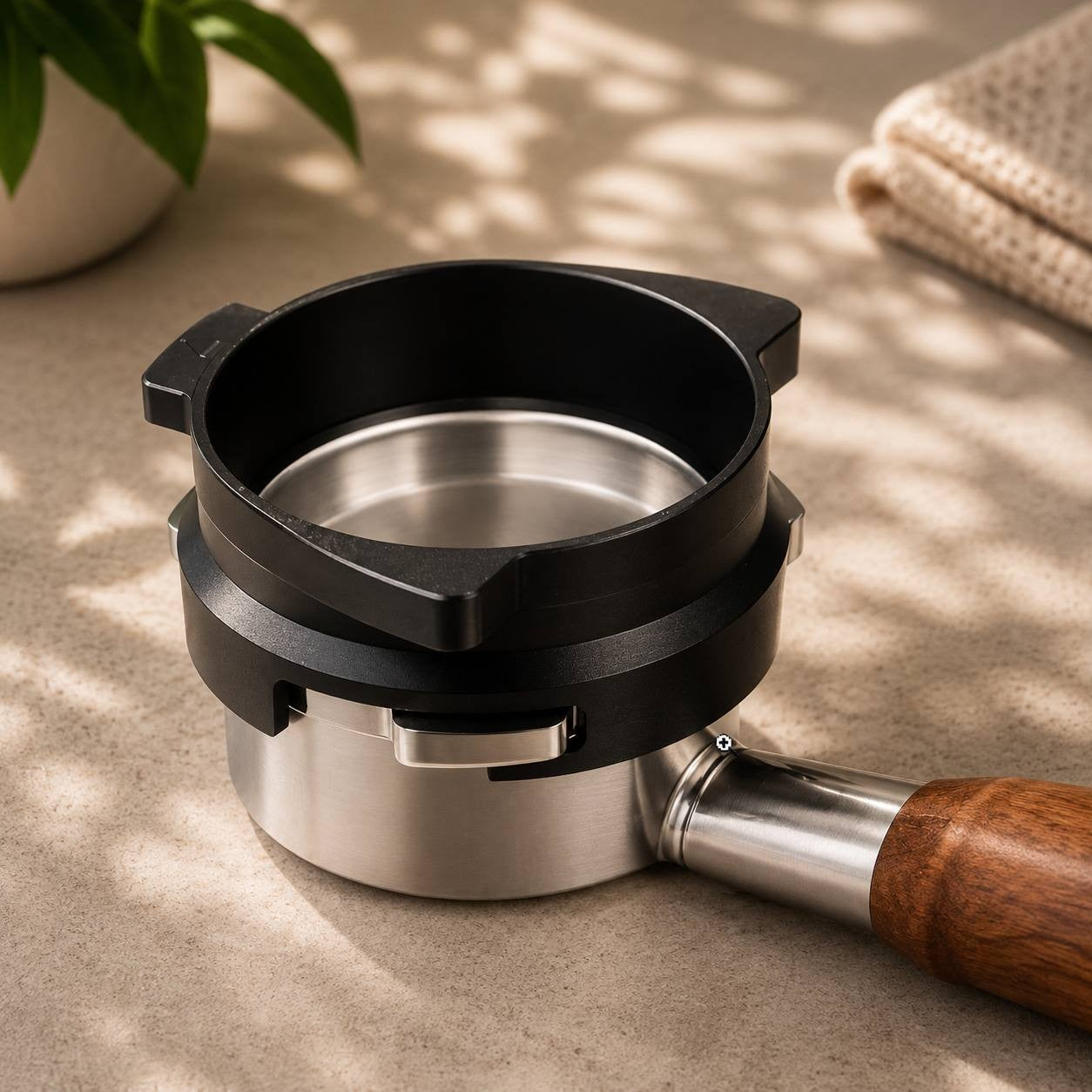 A stainless steel and black metal portafilter holder with a wooden handle, shown on a beige textured surface with dappled sunlight and soft shadows.