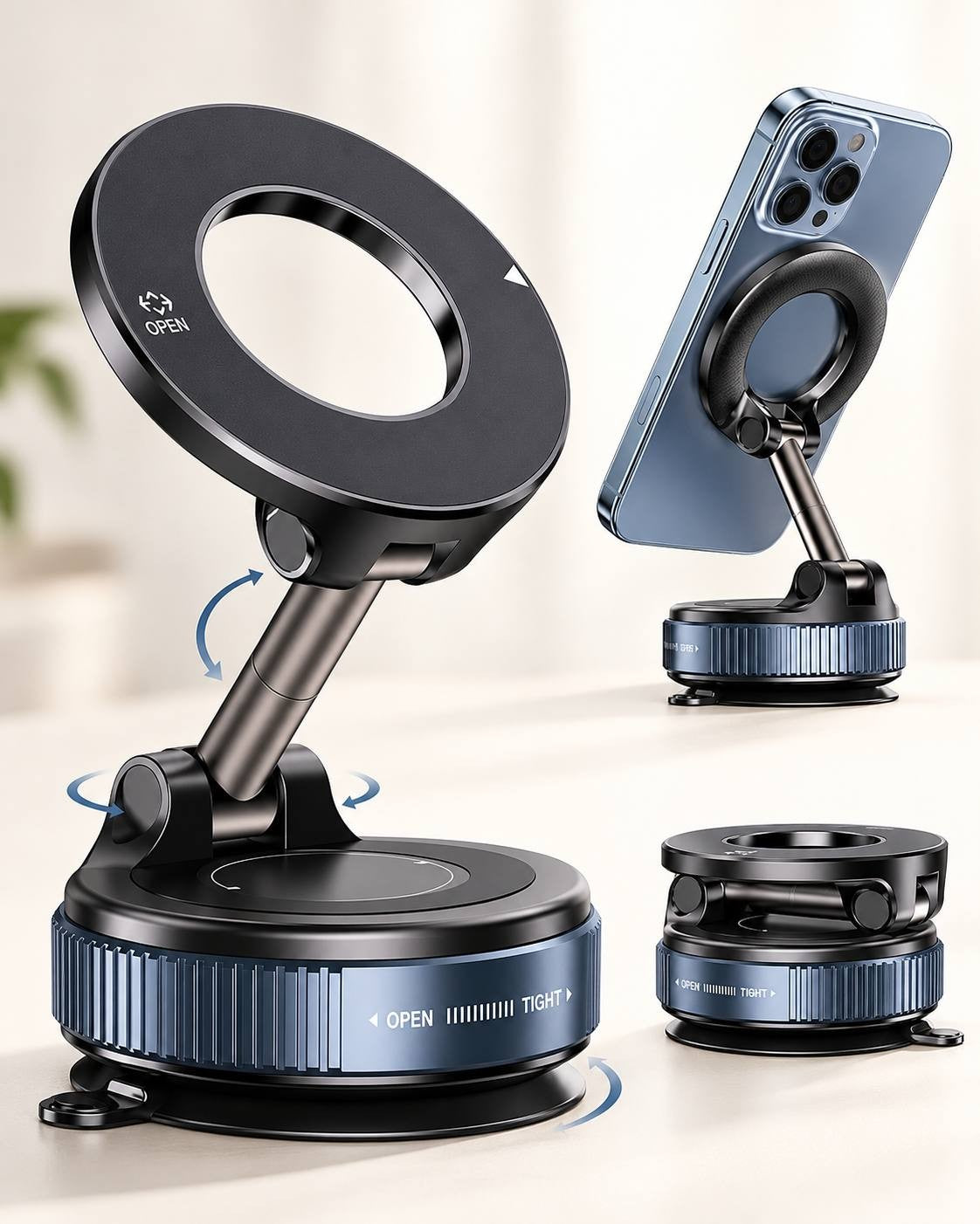 Studio product shot showing a black magnetic car phone mount with a vacuum suction base, adjustable folding metallic arm, and MagSafe compatible ring attached to a smartphone.