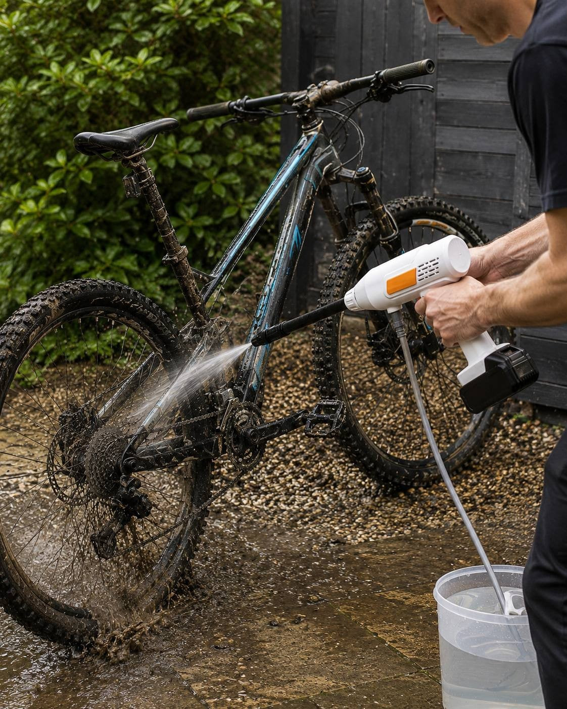 A man cleaning a muddy mountain bike outdoors using a portable cordless water spray gun drawing water from a bucket.