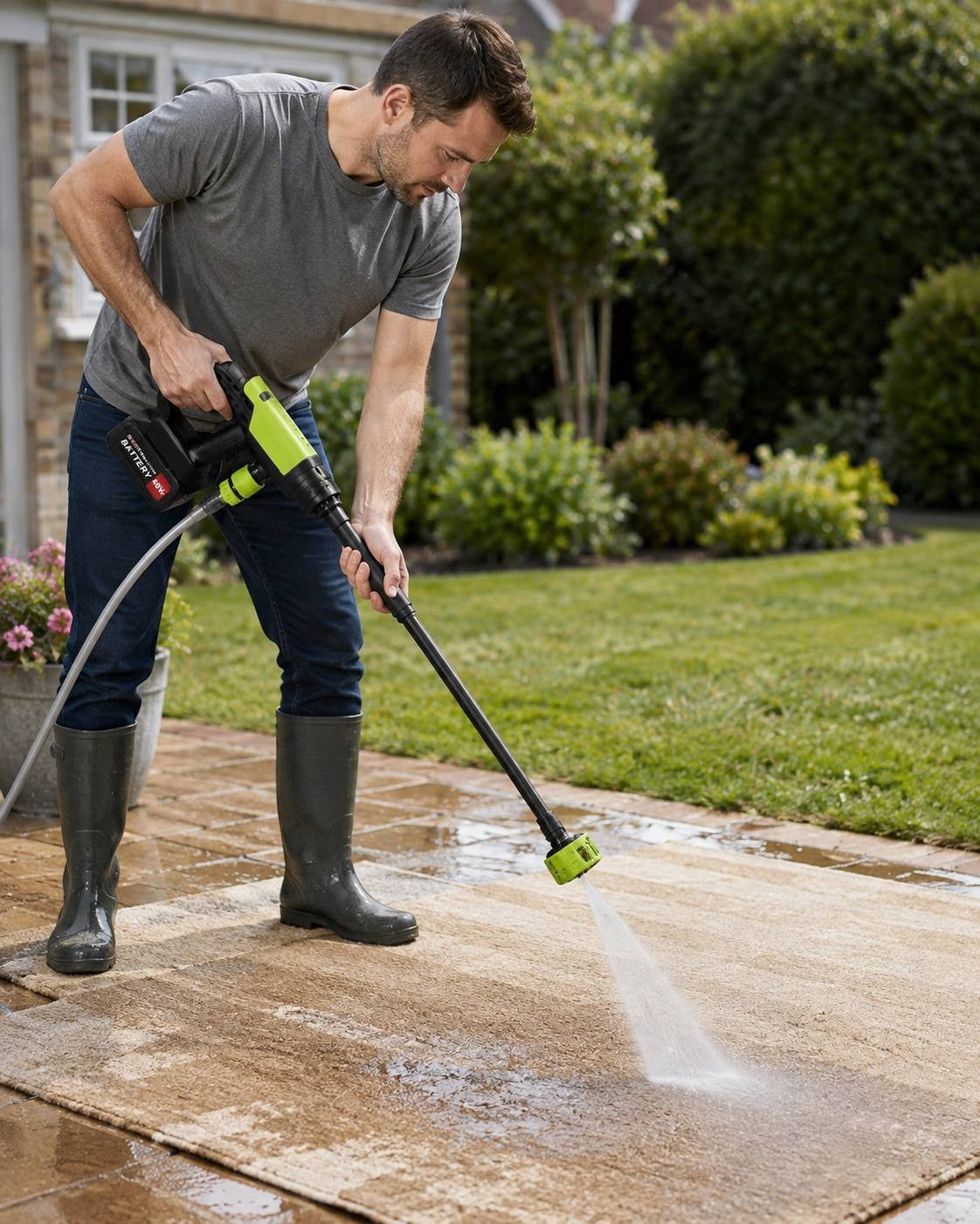 A man in a grey t-shirt and rubber boots using a cordless pressure washer to rinse and clean an outdoor mat on a paved yard.