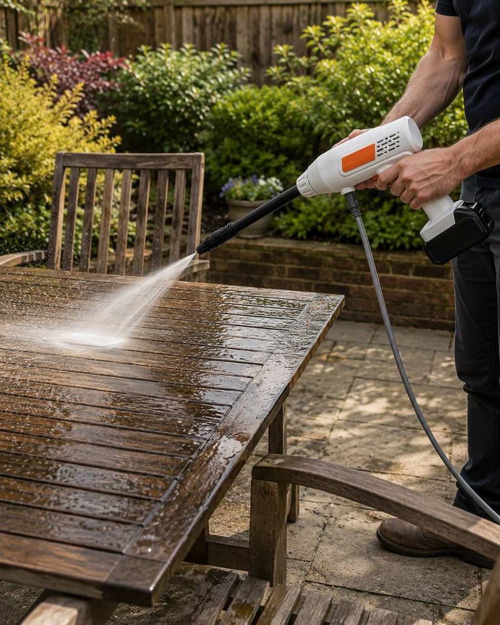 A man using a cordless water spray gun to clean a wooden garden table and chair set on an outdoor patio.