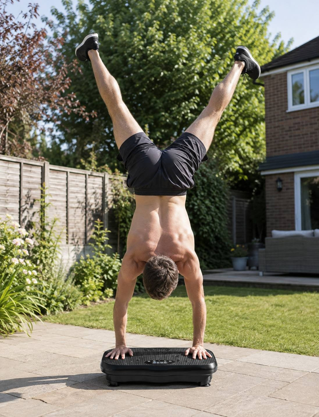 A shirtless man wearing dark shorts and sneakers doing a handstand on a black whole-body vibration plate positioned on a stone patio in a sunny backyard.