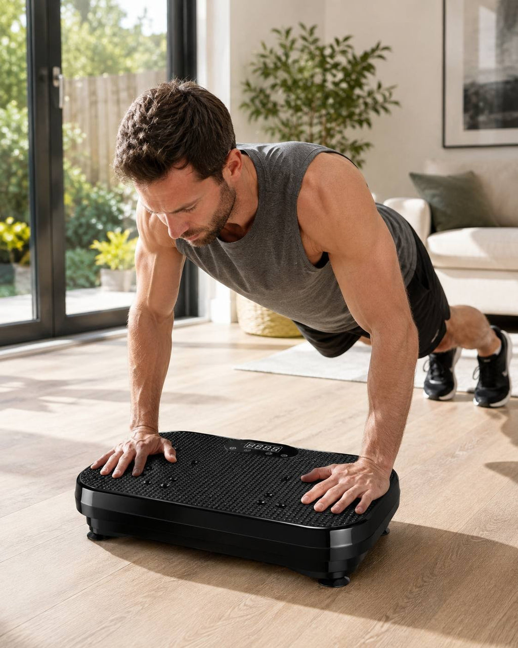A man in a dark grey tank top and black shorts doing push-ups on a black whole-body vibration machine on a wooden floor in a bright living room.