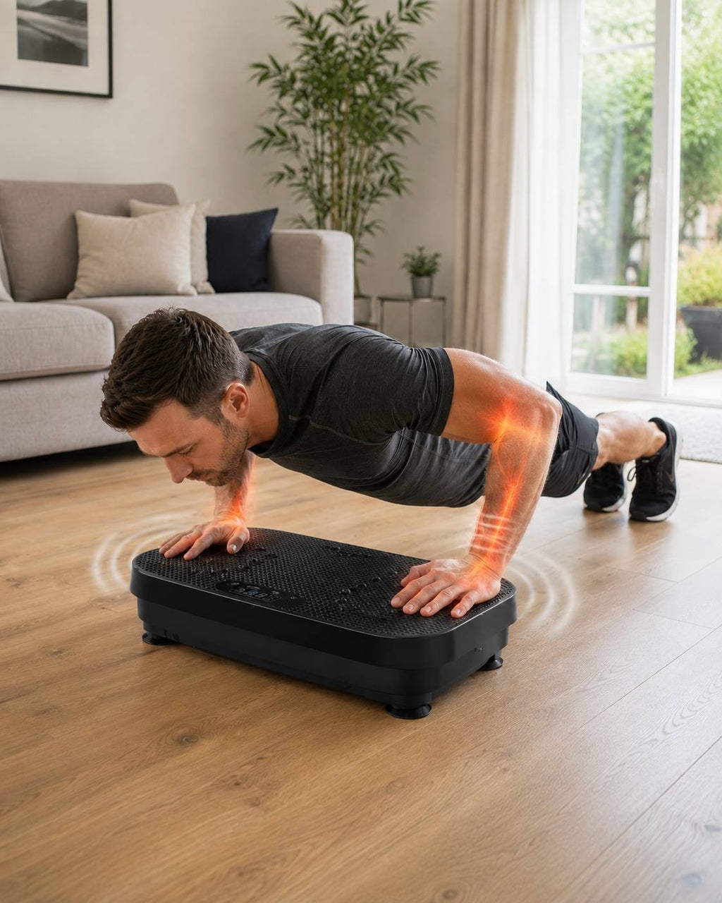 A man doing push-ups on a black vibration plate in a living room, featuring glowing orange graphic highlights on his arms and ripple lines showing muscle activation and vibration waves.