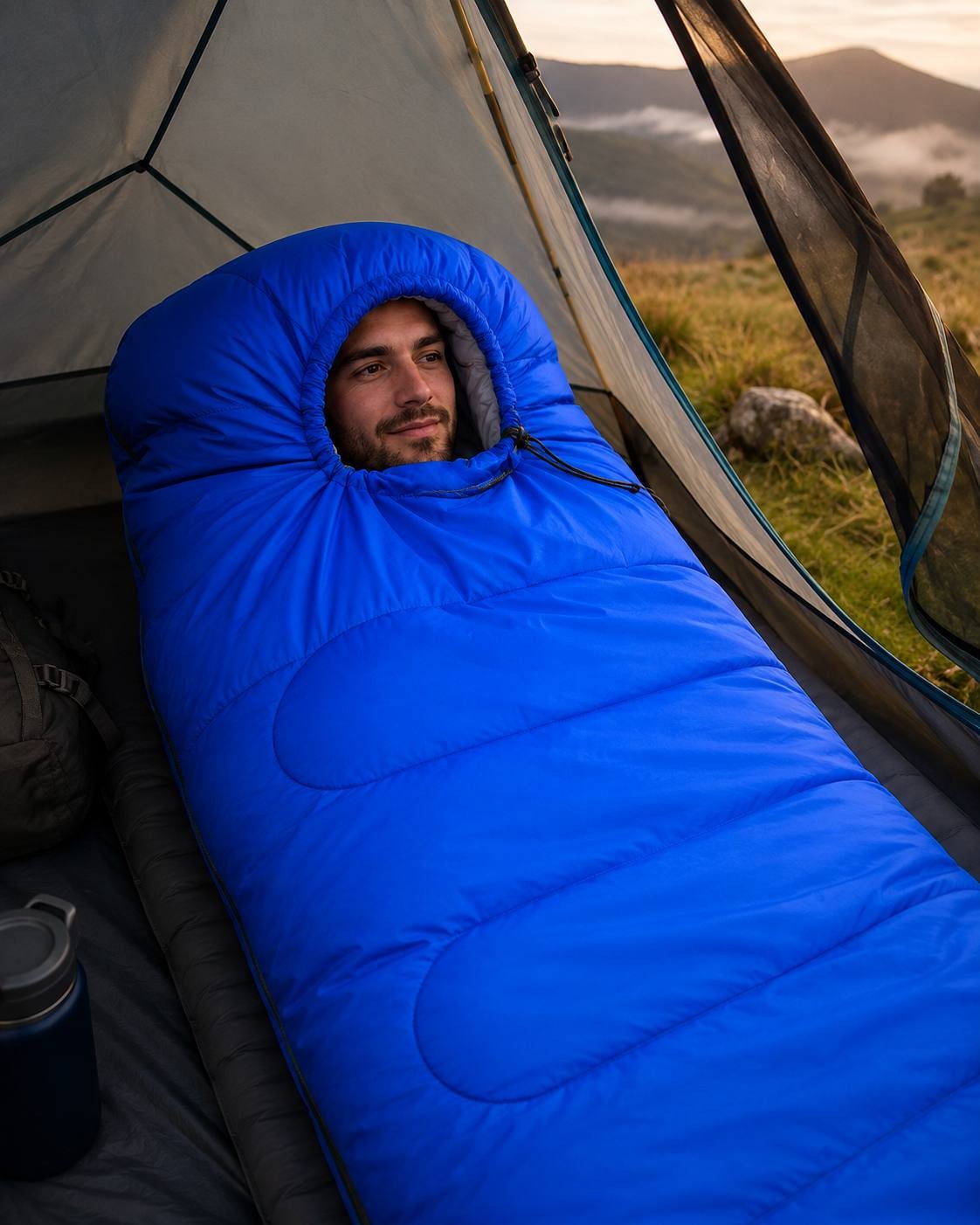 Man lying inside a tent with his head inside the cinched hood of a blue sleeping bag, looking out with a relaxed expression.
