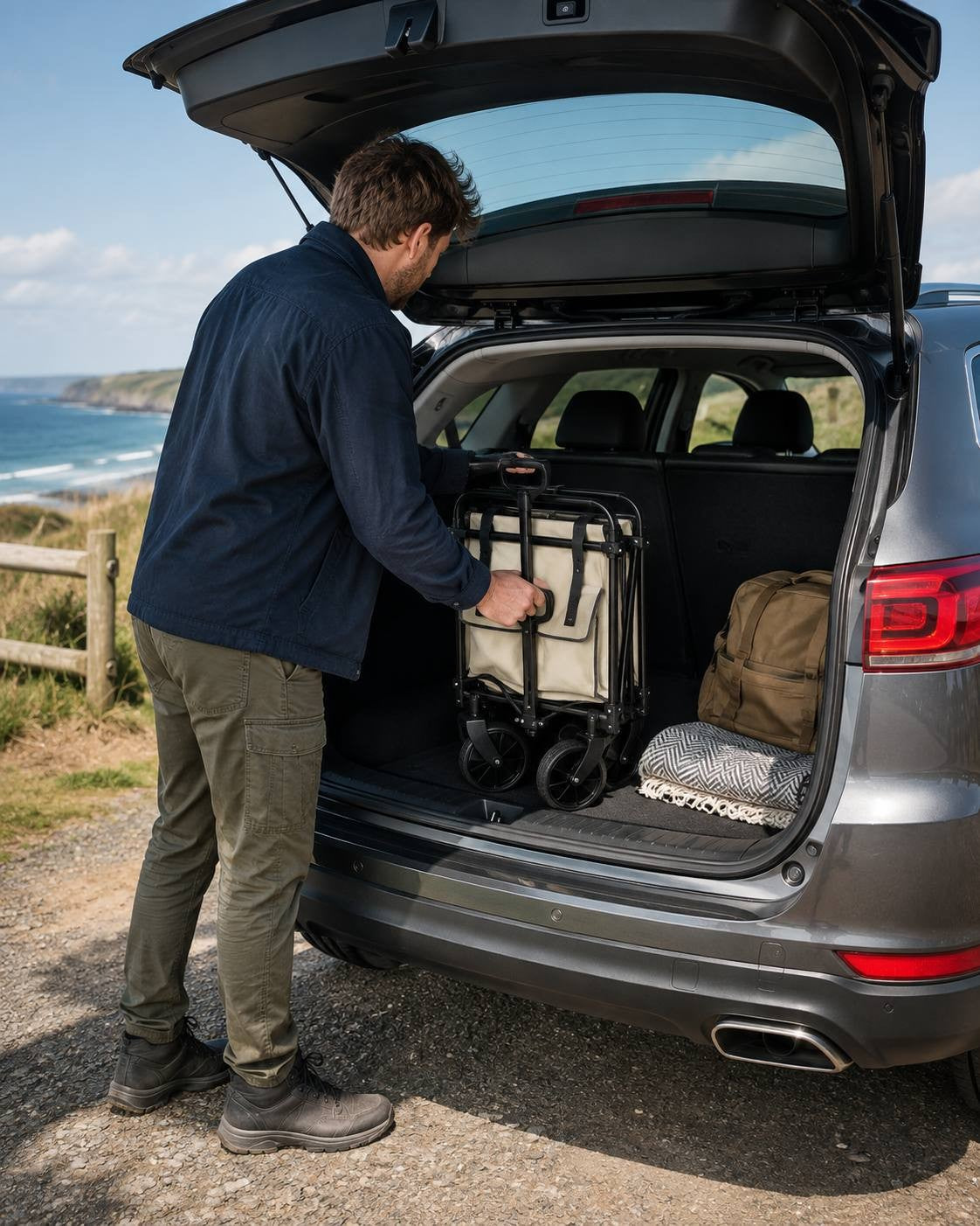 Man loading a folded beige utility wagon into the trunk of a grey car parked near a coastal viewpoint overlooking the sea.