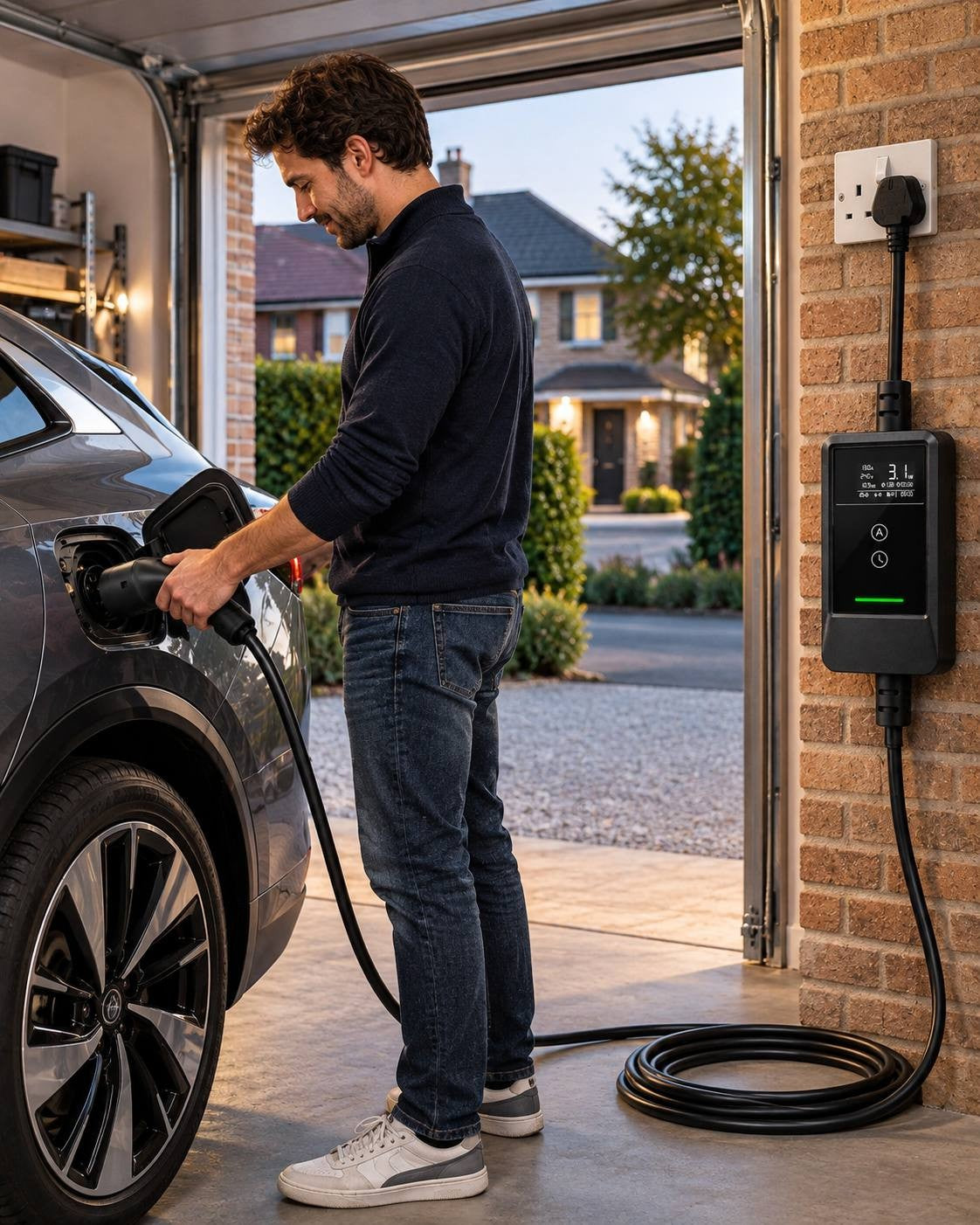 Lifestyle photo of a man plugging the portable Type 2 EV charger connector into an electric car parked inside a garage, with the control unit mounted on the brick wall.