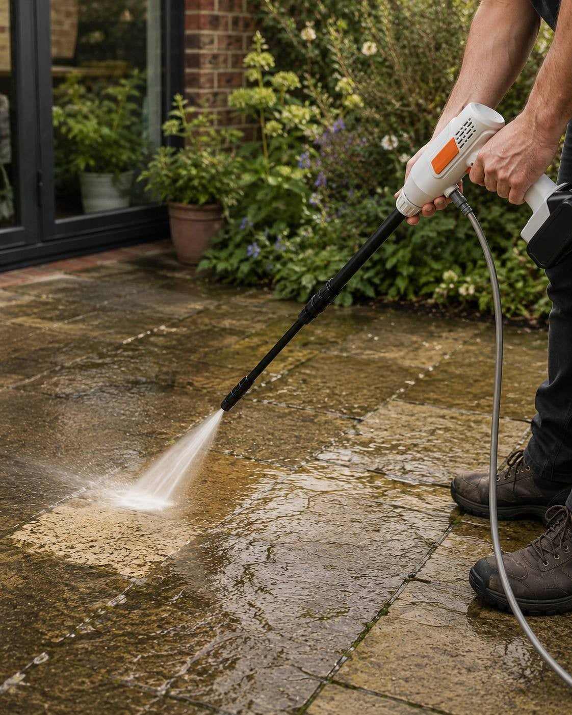 A man using a portable cordless pressure washer to clean and wash dirty stone paving slabs on a backyard patio.