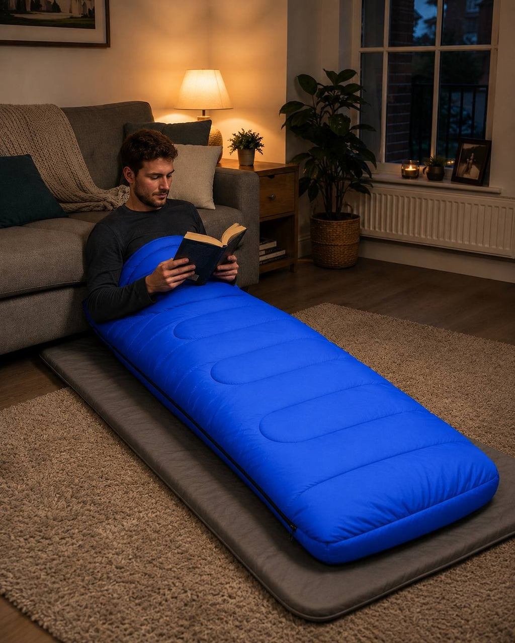 Man sitting on a floor mat in a living room, wearing a blue sleeping bag up to his chest while reading a book near a sofa and lamp.