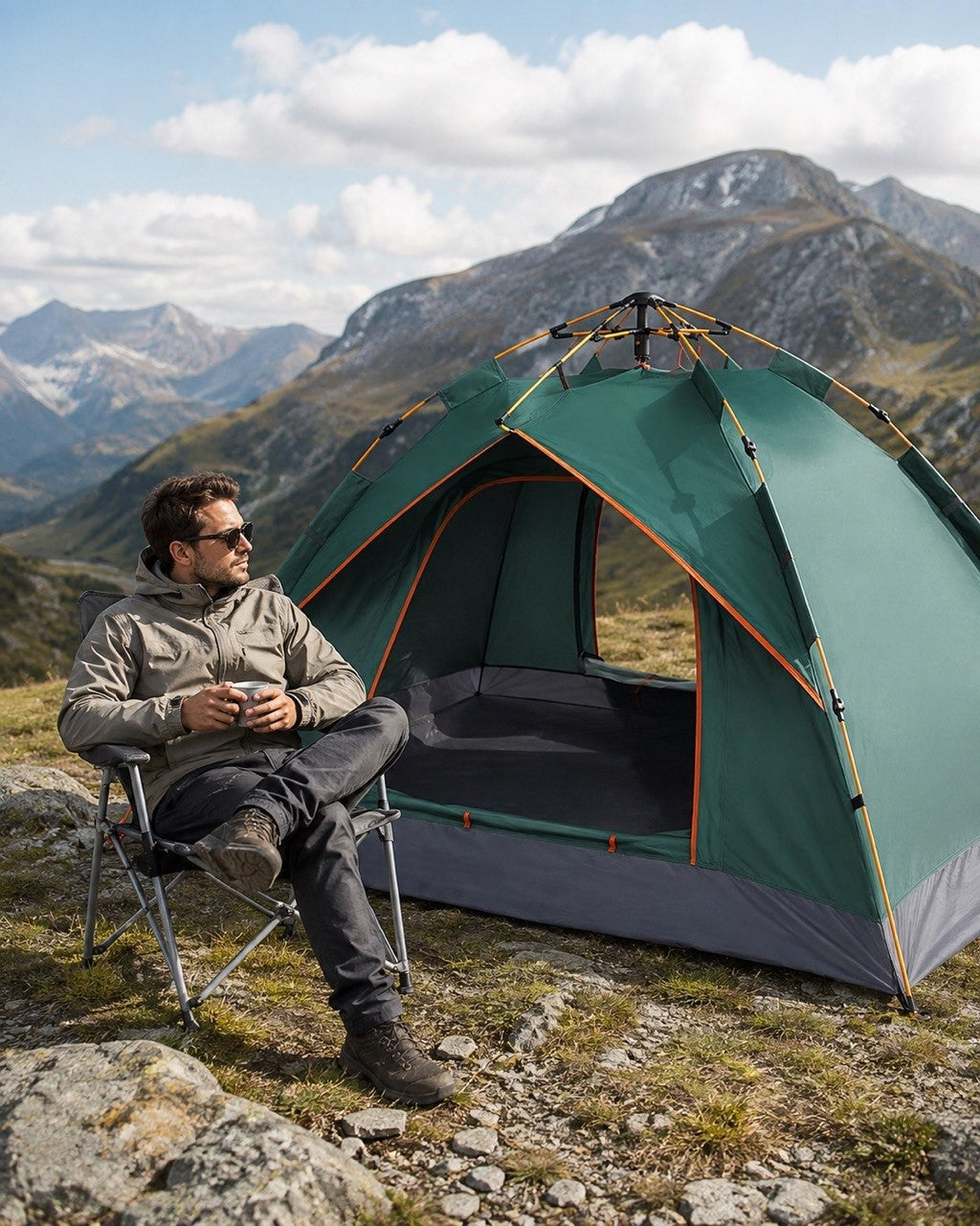 A man wearing sunglasses and a jacket sitting in a folding camping chair and holding a mug, with a green automatic tent set up on a rocky mountaintop overlooking distant hills.