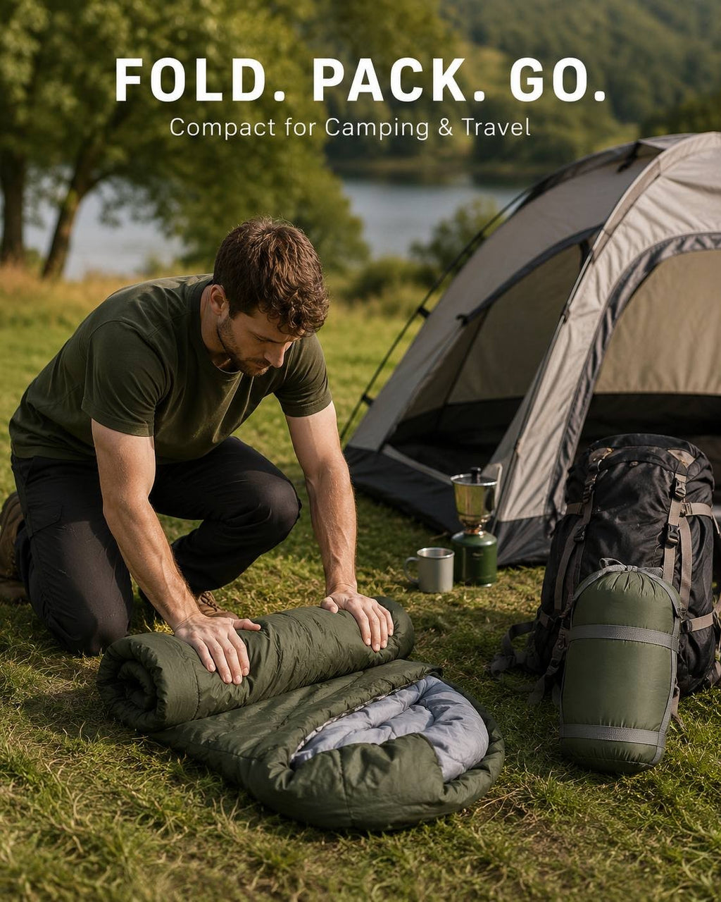 A man kneels on grass beside a camping tent and backpack, folding an olive green sleeping bag. The scene includes outdoor camping gear and the text 'FOLD.