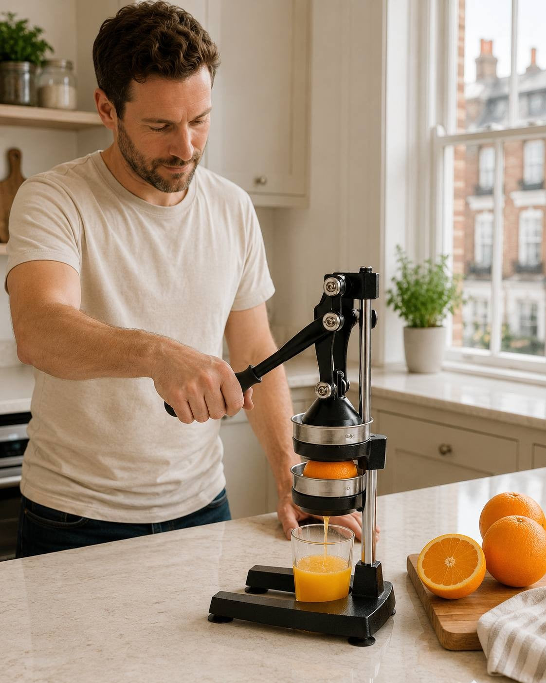A man pressing half an orange in a black manual lever citrus juicer on a kitchen counter, with fresh orange juice pouring into a glass and whole and sliced oranges beside it.