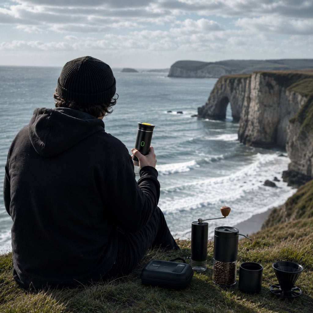 Person sitting on a cliff overlooking the ocean holding a portable espresso maker with a coffee travel kit and beans set on the grass.