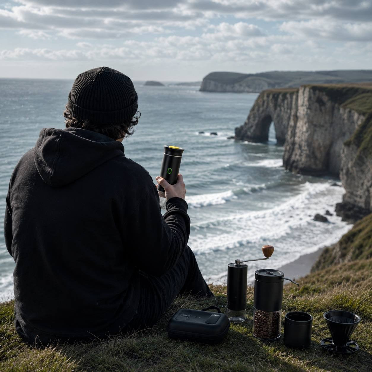 Person sitting on a cliff overlooking the ocean holding a portable espresso maker with a coffee travel kit and beans set on the grass.