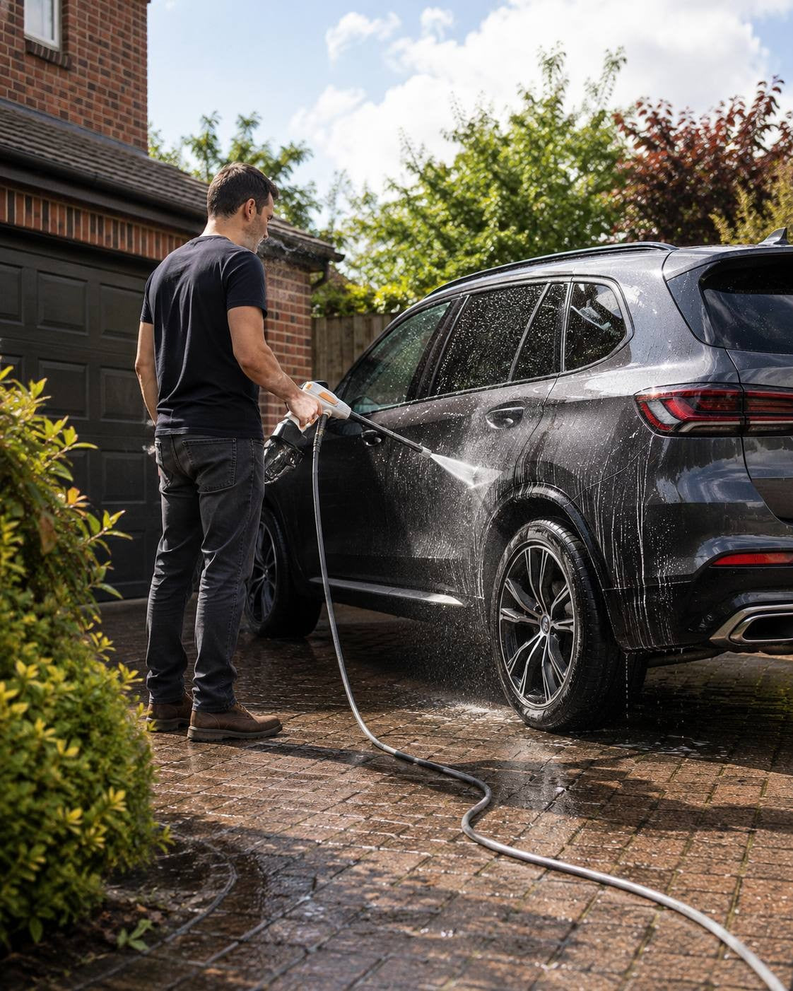 A man using a portable cordless pressure washer to rinse soap and water off the rear side of a dark gray SUV parked in a driveway.