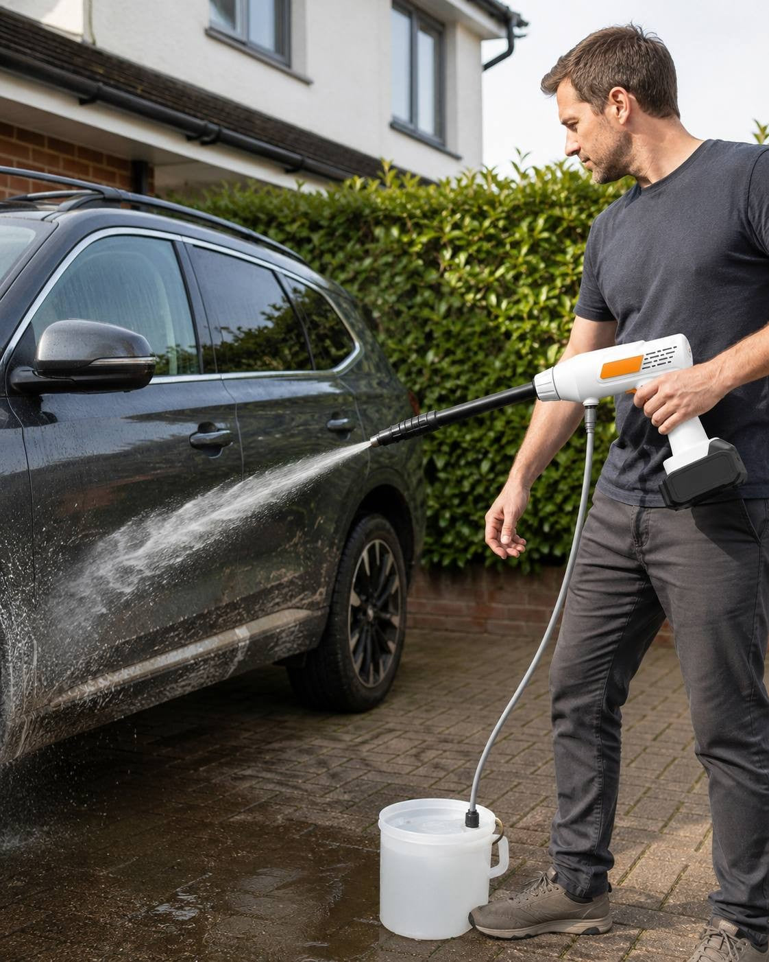 A man using a portable cordless pressure washer connected to a bucket of water to clean a dirty dark SUV parked outdoors.