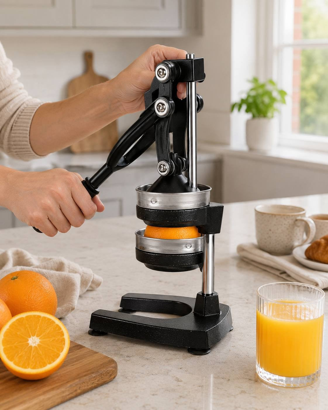 A person operating a black manual lever citrus juicer on a kitchen countertop, with a halved orange placed in the metal press and a glass of freshly squeezed orange juice next to it.