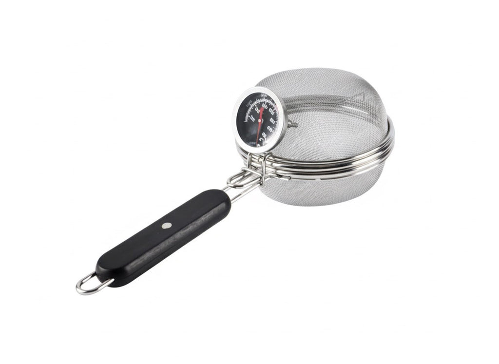 Metallic strainer with black handle on a white background