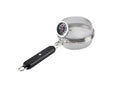 Metallic strainer with black handle on a white background