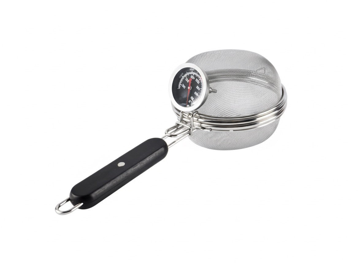 Metallic strainer with black handle on a white background
