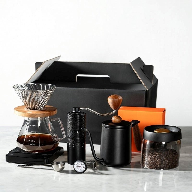 manual-coffee-brewing-set-with-black-metal-grinder-and-coffee-bean