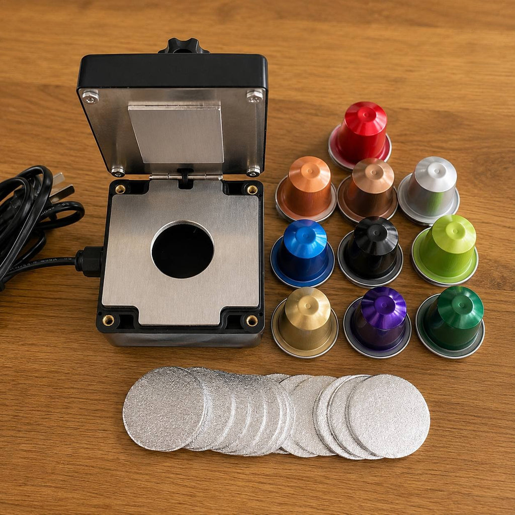 Сoffee capsule sealer with a collection of colorful refillable capsules on a wooden background.
