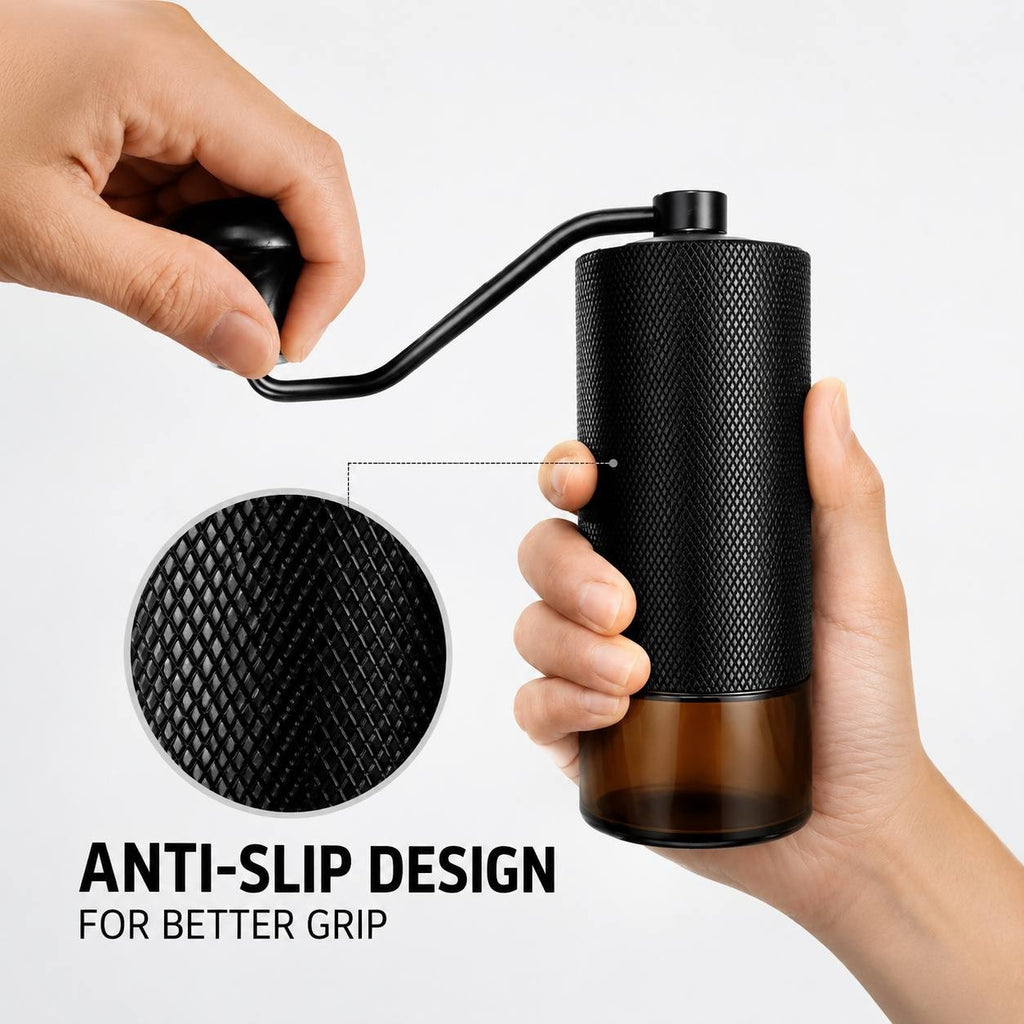 Manual coffee grinder with an anti-slip texture on the handle for a secure grip during use.