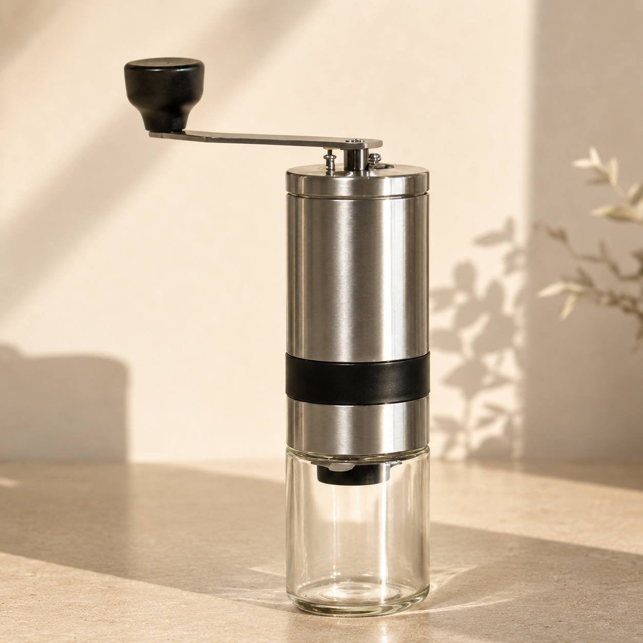 Manual coffee grinder stainless steel glass jar.