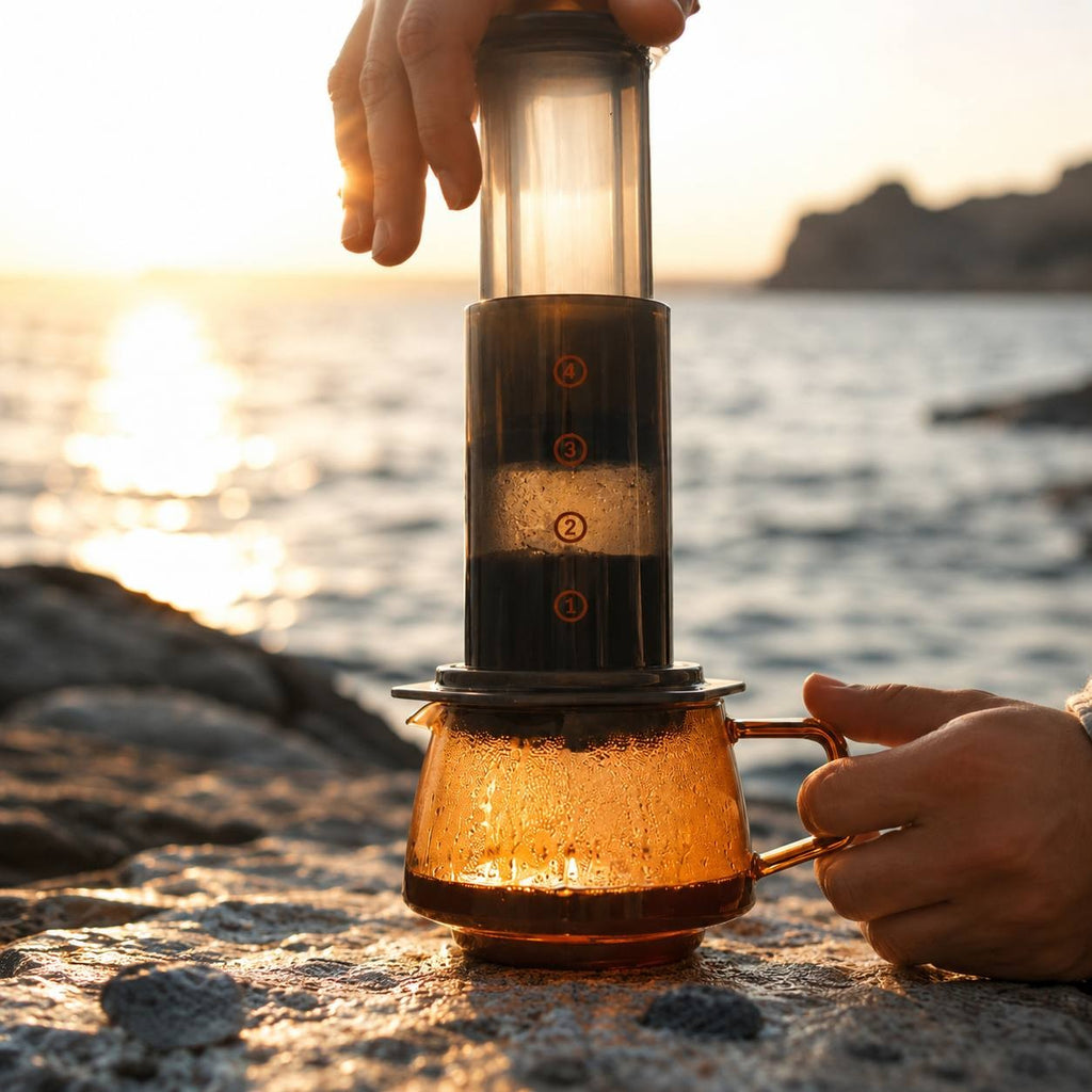 Vintage-style glass coffee syphon brewer operating with a spirit burner lamp on a park wooden table near a lake.