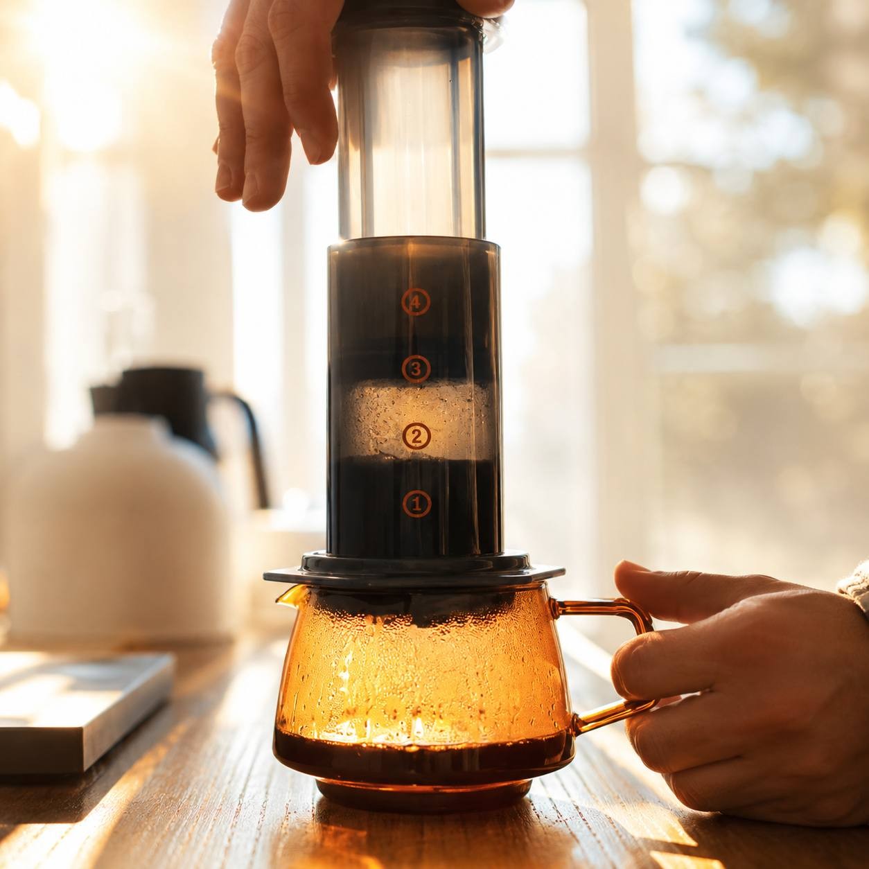 Pressing down the plunger of a manual coffee maker with numbered markings brewing into an amber glass server pot under warm sunlight.