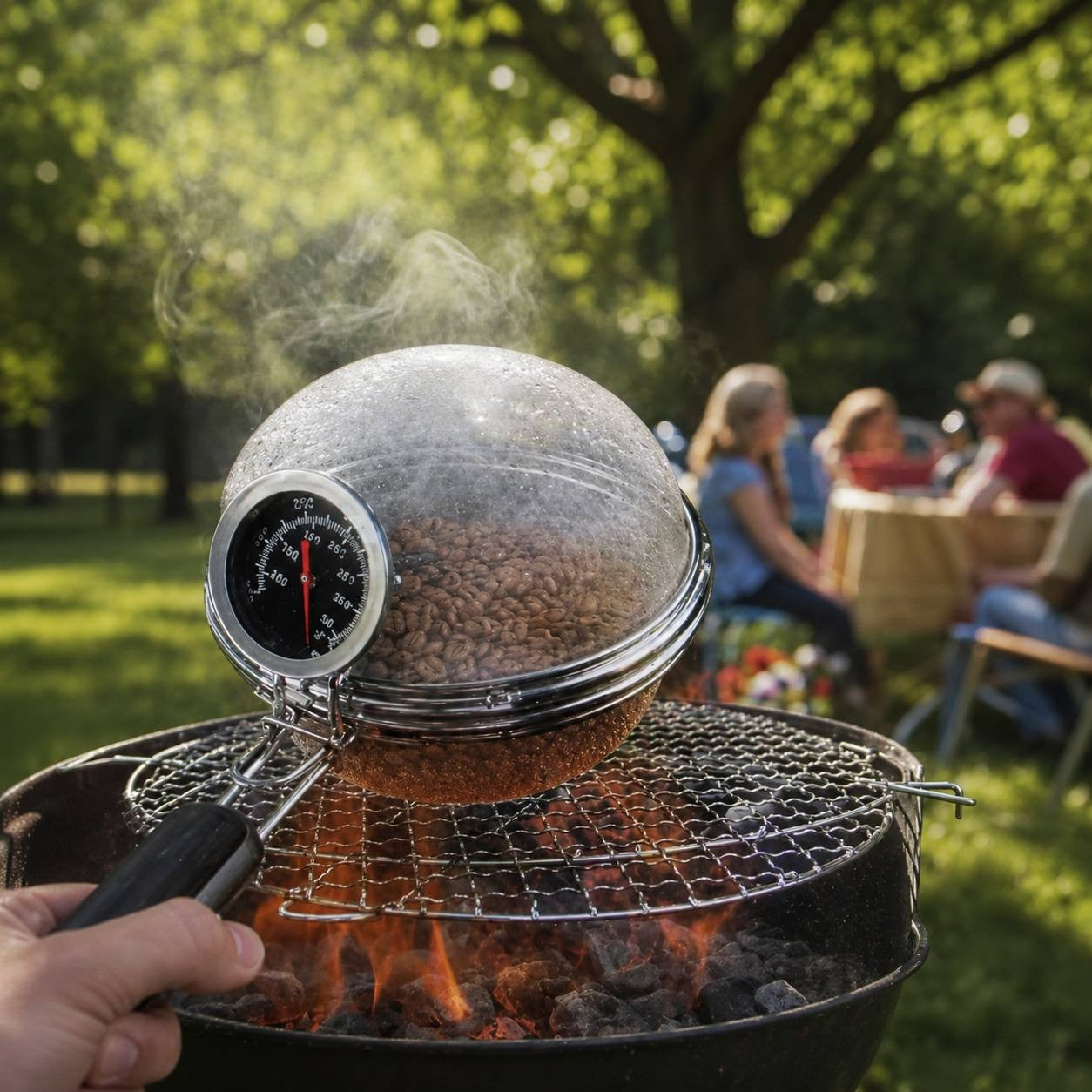 Hand holding a stainless steel sphere coffee bean roaster with a built-in thermometer over an outdoor charcoal BBQ grill.