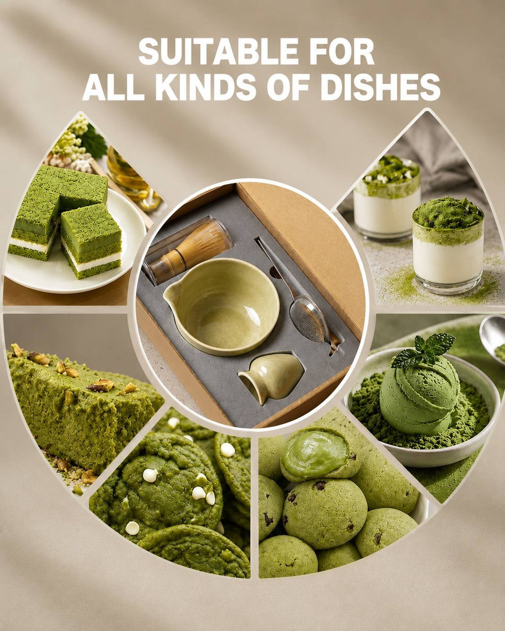 Green ceramic matcha tea bowl, bamboo whisk set, scoop, and fine mesh strainer inside a presentation box.