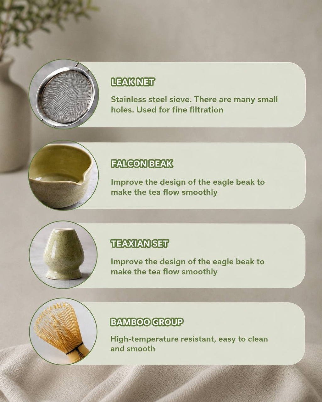 Collage showing matcha tea set used for preparing green tea-based cakes, desserts, ice cream, and cookies.