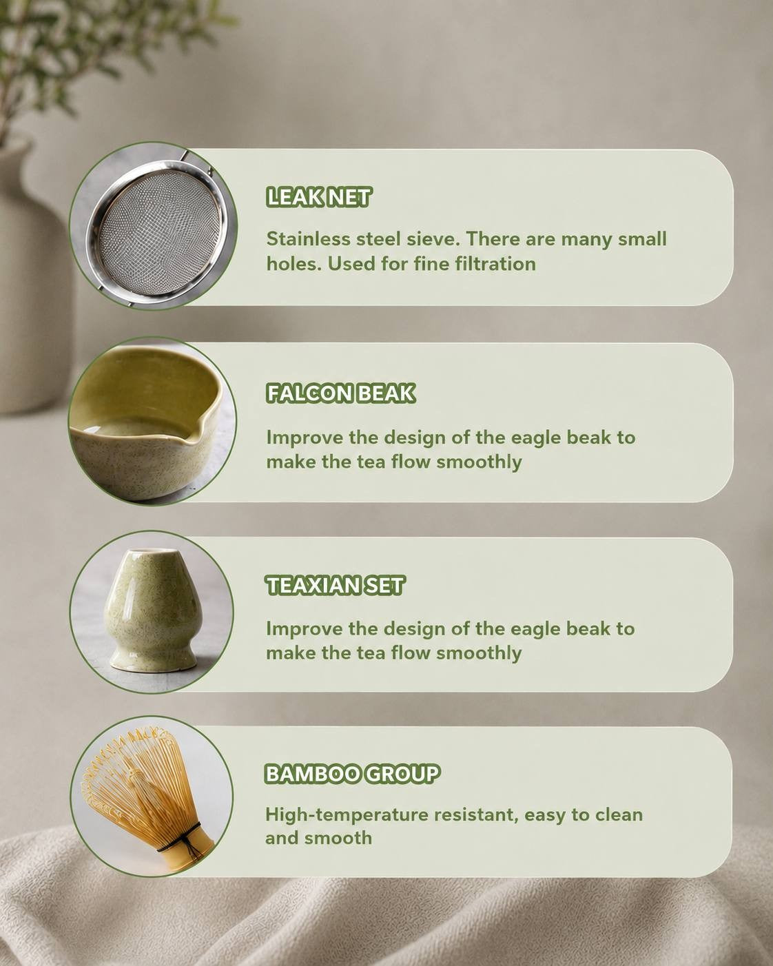 Collage showing matcha tea set used for preparing green tea-based cakes, desserts, ice cream, and cookies.
