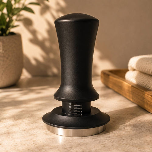 Matte black calibrated spring-loaded coffee tamper with a stainless steel flat base and depth markings.