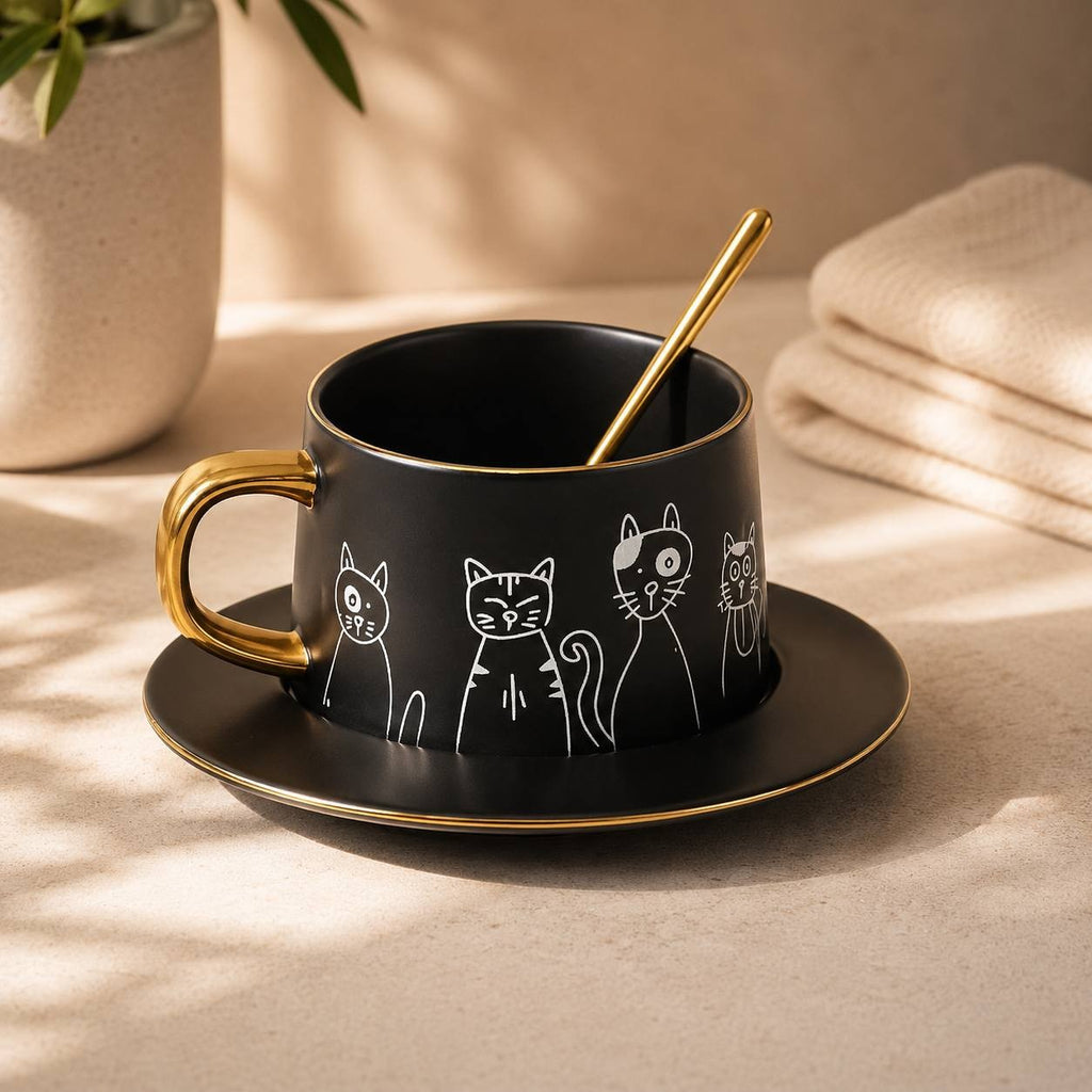 Elegant matte black ceramic coffee cup and saucer set with white line art cat illustrations and a shiny gold handle and spoon.