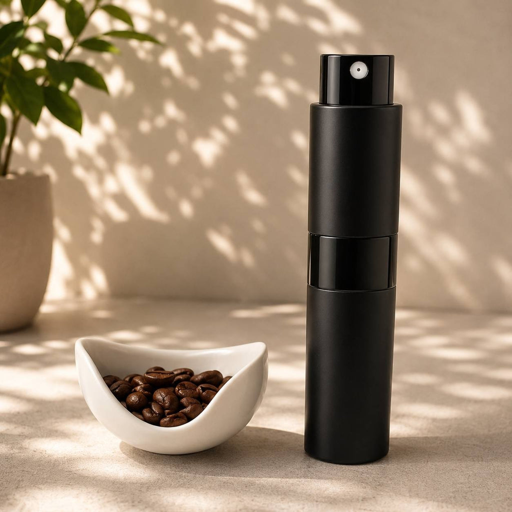 Sleek matte black RDT coffee water spray bottle standing upright next to a white ceramic bowl filled with dark roasted coffee beans.